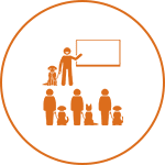 Icon of a person teaching four seated figures with a blank board in front, all inside an orange circle.