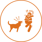 Icon of a person startled by a barking dog, both in orange, enclosed in a circle.