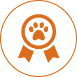 Orange paw print inside a ribbon-like circle against a transparent background.
